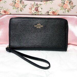 Coach Phone Zip Around Bifold Leather Wallet with Wrist Strap - Black